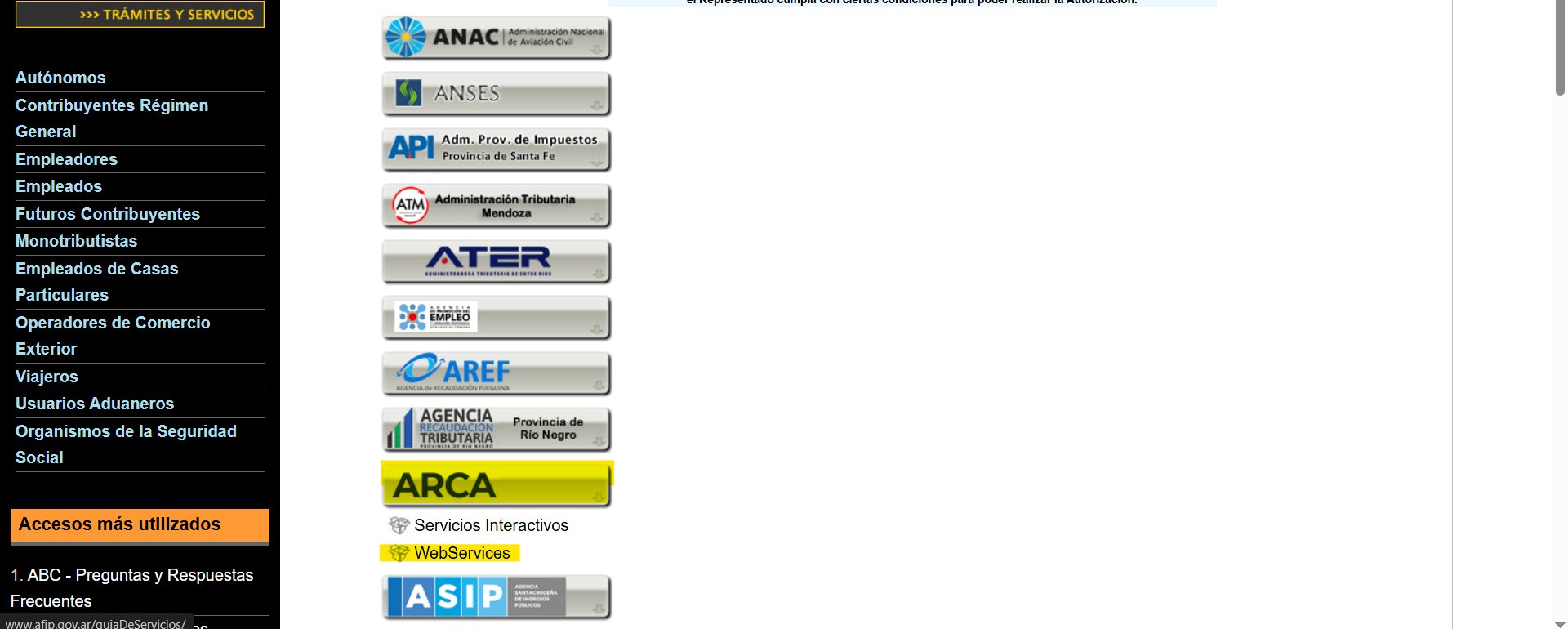 Selección de ARCA y luego WebServices